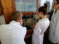 Студентка 6 курса Елизавета Белова // ведет практическое занятие с учащимися школы №171 // на химическом факультете